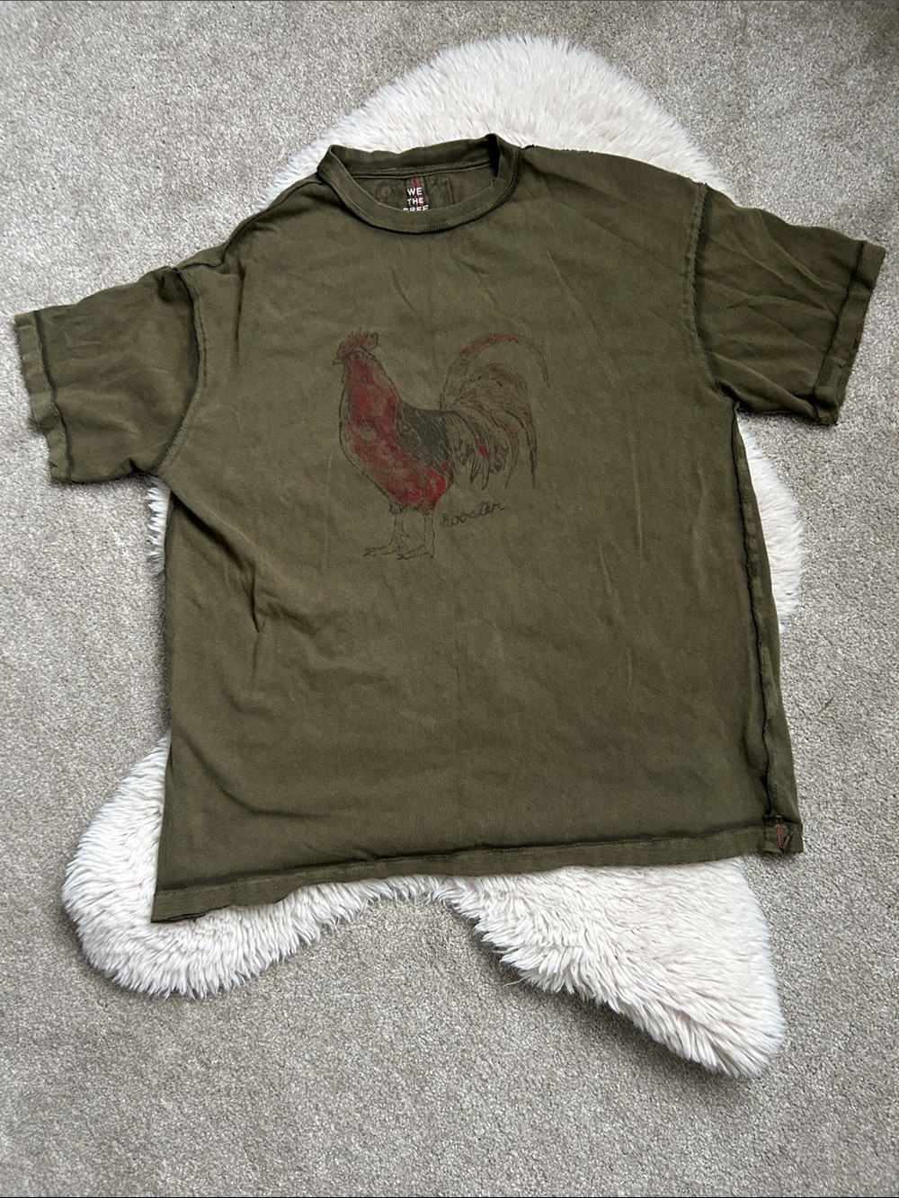 We The Free Olive Green Short Sleeve Rooster Graphic Tee with Faded Red Detail